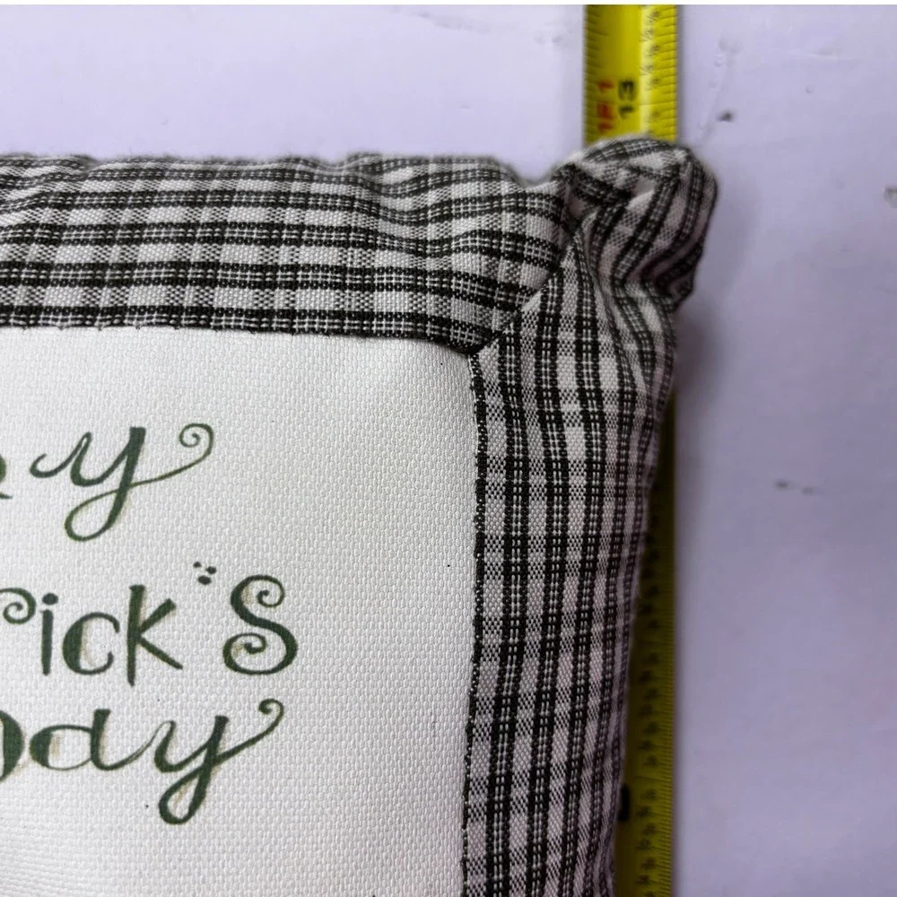 Happy St Patricks Day Decor Pillow Shamrock Basket Gingham Check Green Black